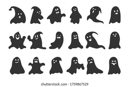 Black silhouette ghost set. Happy Halloween character with scary or surprised face shape. Creepy funny cute spook. Great for design postcards on holiday. October horror. Isolated vector illustration