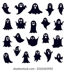 Black silhouette ghost set. Spooky monster icons isolated on white. Holiday design. Vector illustration.