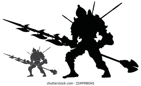 The black silhouette of a giant golem knight with an unusual halberd with a triple blade, he stands awkwardly like an ogre, he has plate armor, his body is hit by bolts from balista 2d art