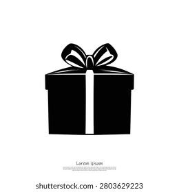 Black silhouette of a gift box with a bow and ribbon on a transparent backdrop. Minimalist design for versatile usage.