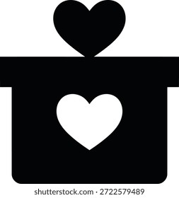 Una silueta negra de una caja de regalo con un corazón blanco en su frente y un corazón negro que emerge de su parte superior contra un fondo blanco.