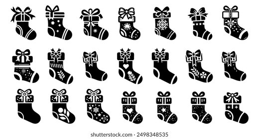 Black silhouette of gift Christmas stocking for surprise, vector set