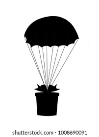 Black silhouette of gift wrapped with bow falling down with  parachute isolated on white  background. Monochrome vector illustration, logo, icon, sign, symbol, clip art for festive or web design. 