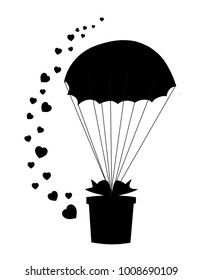 Black silhouette of  gift wrapped with ribbon falling down with parachute and many hearts around. Monochrome vector illustration, symbol, sign, icon, clip art for festive design.