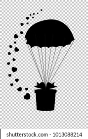 Black silhouette of gift wrapped with ribbon falling down with parachute and hearts confetti isolated on transparent background. Monochrome vector illustration, symbol, sign, icon, clip art for design