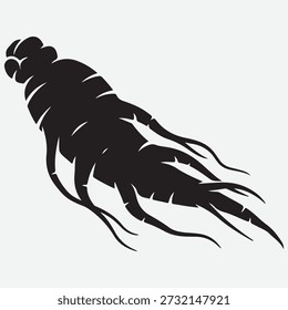 Schwarze Silhouette einer Ginseng-Wurzel mit mehreren Ranken auf hellgrauem Hintergrund weiß.