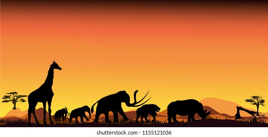 Black silhouette of giraffe on the savannah. Animals of Africa. African landscape. Panorama of wild nature. Vector illustration.Safari theme.