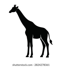 A black silhouette of a giraffe standing alone in a white background, simple animal illustration