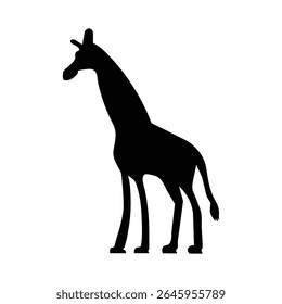 A black silhouette of a giraffe standing on a white background. The giraffe is facing to the left.