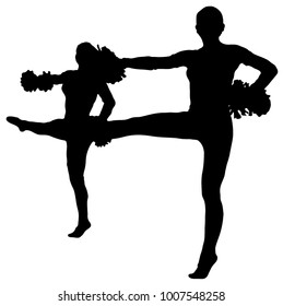 Black silhouette of girl cheerleaders. Sports, cheerleading, split. Two silhouettes of girls.