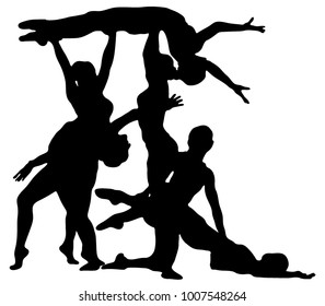 Black silhouette of girl cheerleaders. Sports, cheerleading, split. Two silhouettes of girls.