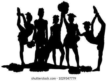 Black silhouette of girl cheerleaders. Sports, cheerleading, split. 