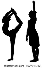 Black silhouette of girl cheerleaders. Sports, cheerleading, split. Two silhouettes of girls.