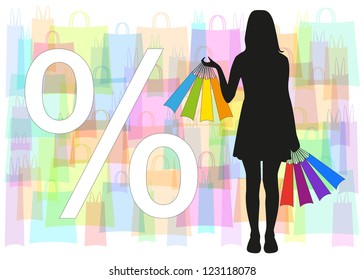 black silhouette of a girl with colored bags in hand on a background of colorful transparent bag and white sign discounts