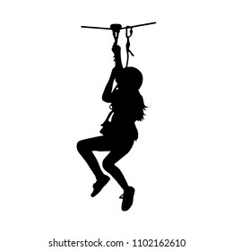 Black silhouette of a girl coming down on zip-line. Isolated vector illustration.