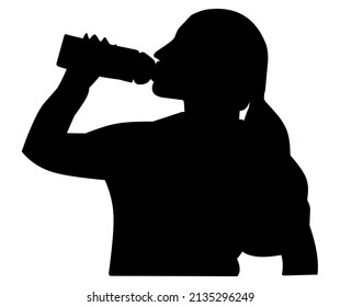 Black silhouette of a girl drinking water from a bottle, quenching thirst