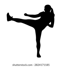 Black silhouette of a girl executing a high kick, showcasing flexibility and athleticism in a dynamic stance, against a plain background.