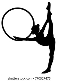 Black silhouette of the girl the gymnast with a hoop on a white background. Artistic gymnastics, sport, competitions, performance. 