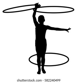 Black silhouette girl gymnasts with hoops on a white background.