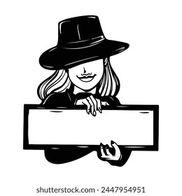 Black silhouette of a Girl holding a Banner, woman wearing head with banner isolated view