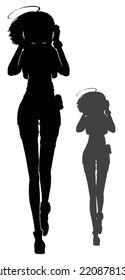 A black silhouette of a girl with long legs, she is an anime character walking forward at the viewer, pressing headphones with cat ears to her head with her hands. 2d vector art