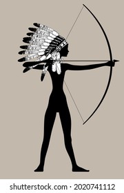 Black silhouette girl in Native American traditional headdress shooting from a bow. Vector illustration