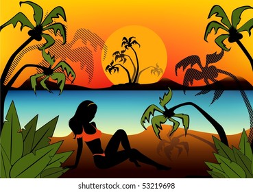 black silhouette of girl on a background sunset on a summer beach