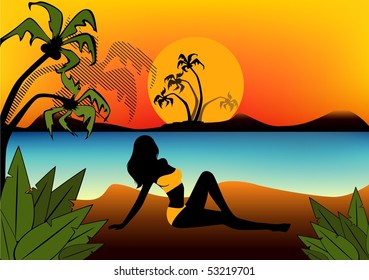 black silhouette of girl on a background sunset on a summer beach