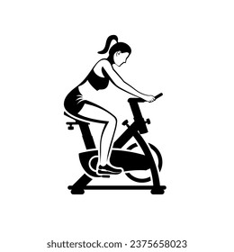 Black silhouette girl on an exercise bike. Beautiful athletic girl doing fitness. To pedal. Healthy lifestyle. Fitness and aerobics. Sports training. Active lifestyle. Vector illustration flat design.