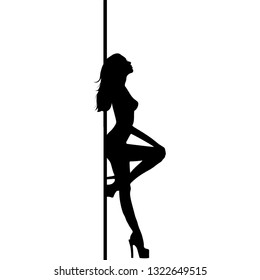 Black silhouette of girl and pole on a white background. Pole dance illustration, striptease dancers, exotic dance. Vector isolated. Logo sexy woman dancer