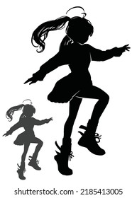 A Black Silhouette Of A Girl Running Cute Skipping In Huge Sneakers, A Summer Dress With Sleeves And Two Pigtails. 2d Dynamic Anime Art