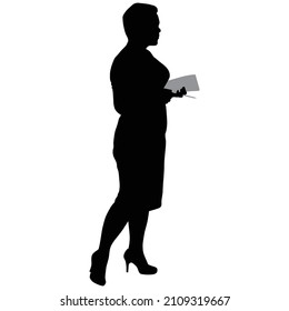 black silhouette of girl with short haircut in dress with notebook and pencil in her hands