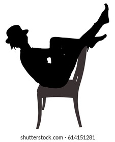 Black silhouette of a girl sitting on a chair with hat on a white background. Posture, exercise, grace.