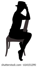 Black silhouette of a girl sitting on a chair with hat on a white background. Posture, exercise, grace.