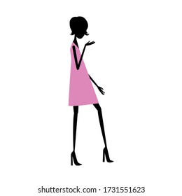 Black Silhouette Of A Girl In The Style Of 60s In A Trapeze Dress. Vector