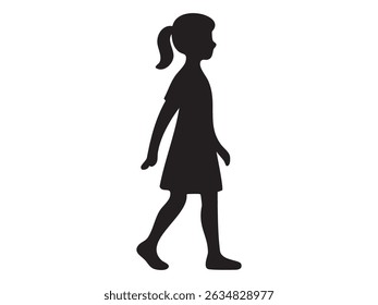 Black silhouette of a girl in a walking pose, isolated on white background, vector illustration. concept of child, female, youth, icon, logo, graphic design element.