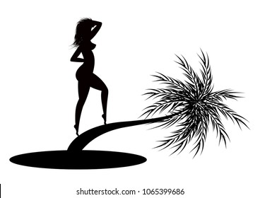 The black silhouette of a girl who stands on a curved palm tree and waits for her ship.