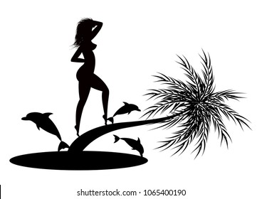 The black silhouette of a girl who stands on a curved palm tree and waits for her ship, near the island swim dolphins.