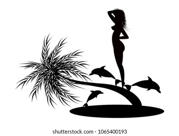 The black silhouette of a girl who stands on a curved palm tree and waits for her ship, near the island swim dolphins.