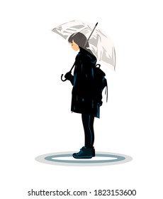 
black silhouette of a girl who stands under an umbrella hiding from the rain
