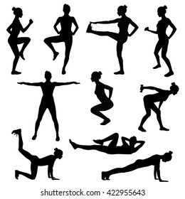 Black silhouette of girls doing fitness exercises. Vector profile of slim sportive woman in different sport positions. Vector sport girls silhouettes isolated on white background.