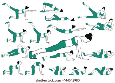 Black silhouette of girls doing fitness exercises down on the floor. Vector profile of slim sportive woman in different sport positions. Fitness and healthy life style.