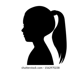 Black silhouette girl's head  Child profile  Long hair pulled in ponytail  Female silhouette  Drawing isolated white background   Vector stock illustration 