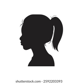 Black silhouette of a girl's head. Child profile. Long hair pulled in a ponytail. Female silhouette. isolated on a white background. Vector illustration.