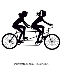 Black silhouette girls on a tandem bike vector illustrator isolated on white background.  Silhouette Girl friends riding a tandem bicycle.