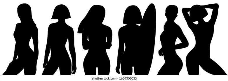 Black silhouette  Girls surfer in flat style. Concept of healthy and fitness lifestyle. Girl power concept. Girl in a swimsuit. Beach and surfings design template 