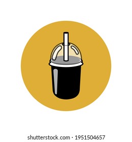 Black silhouette of a glass with a drink in a yellow circle. Local restaurant with cocktails. Takeaway coffee and tea. Smartphone user interface button. Vector graphics.
