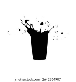 A black silhouette of a glass with a dynamic liquid splash. The image is high contrast, featuring black shapes against a white background. The splash is detailed and energetic.