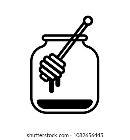 Black silhouette of a glass jar with honey and a honey- dipper inside, isolated.