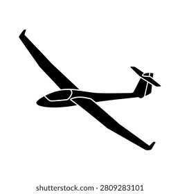 A black silhouette of a glider airplane with wings spread wide, isolated on a white background.